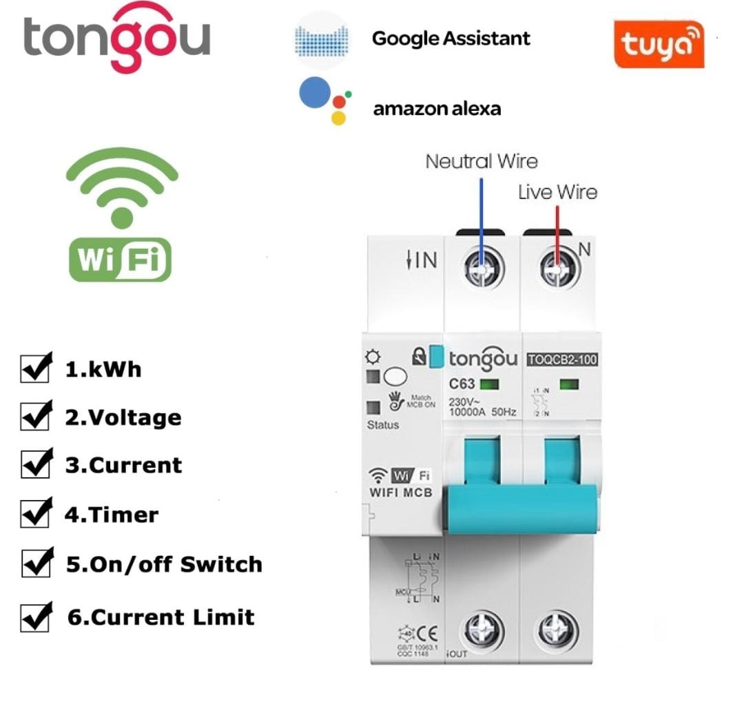 قاطع كهربائي Tongou 2P 63A مع مراقبة الطاقة مدعوم من Tuya
