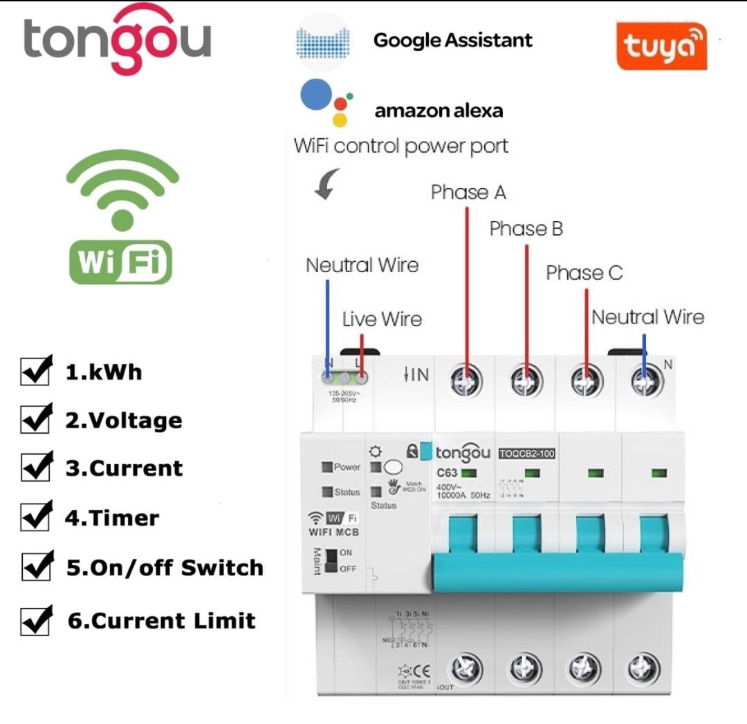 قاطع كهربائي Tongou 4P 63A مزود بمراقبة الطاقة مدعوم من Tuya
